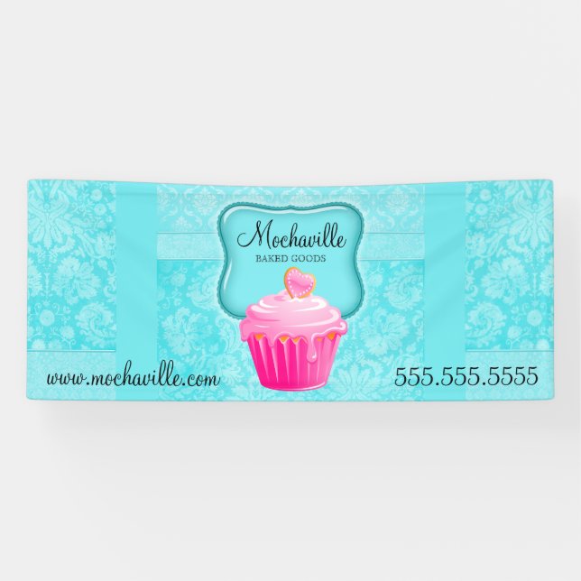Bäckerei Cupcake Vintag Damask Aqua Banner (Horizontal)