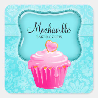 Bäckerei Cupcake Vintage Damast Aqua Quadratischer Aufkleber