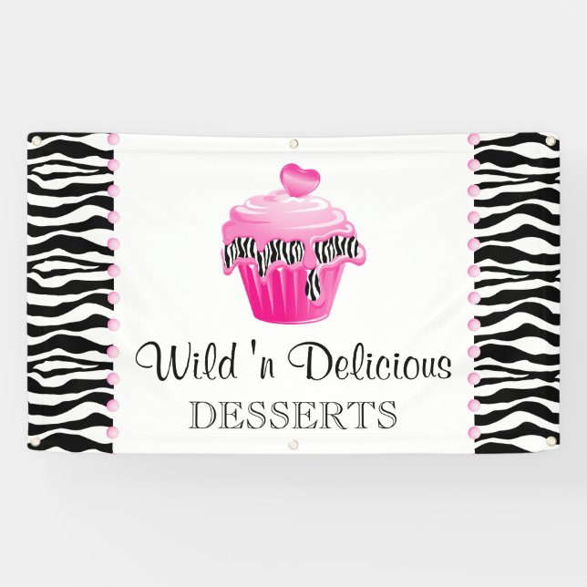 Bäckerei Cupcake Zebra Pink Dots Banner (Horizontal)