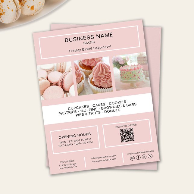 Bäckerei Custom Foto QR Social Media Icons Flyer (Bakery Custom Photo QR Social Media Icons Flyer)
