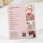 Bäckerei Custom Foto QR Social Media Icons Menü<br><div class="desc">Werben Sie Ihre Bäckerei oder Kuchen Shop mit diesem schlanken, vollständig anpassbaren Flyer. Dieser Flyer mit einem weichen rosa Hintergrund und Platz für vier Fotos, um Ihre besten Leckereien zu präsentieren, ist ideal, um Ihre Dienstleistungen und Spezialitäten zu unterstreichen. Fügen Sie die personalisierten Details Ihrer Bäckerei hinzu, einschließlich eines scannbaren...</div>