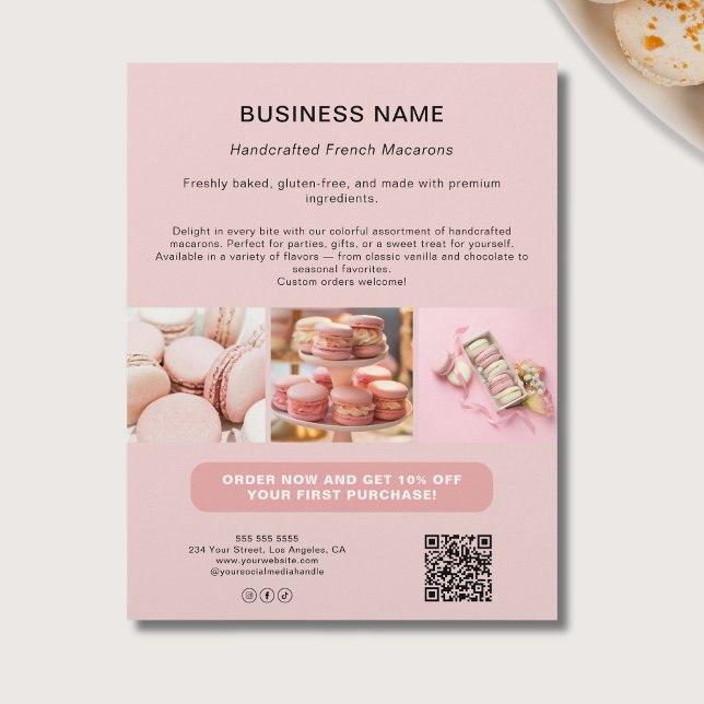 Bäckerei Custom Foto QR Social Media Pink Business Flyer (Bakery Custom Photo QR Social Media Pink Business Flyer)