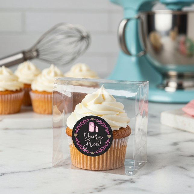 Bäckerei Dairy Free Milk Jug & Wreath Pink & Black Runder Aufkleber (Bakery Dairy Free Milk Jug & Wreath Pink & Black Classic Round Sticker)