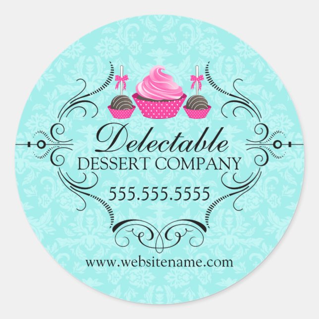 Bäckerei Damask Aqua Pink Cupcake Pop Runder Aufkleber (Vorderseite)