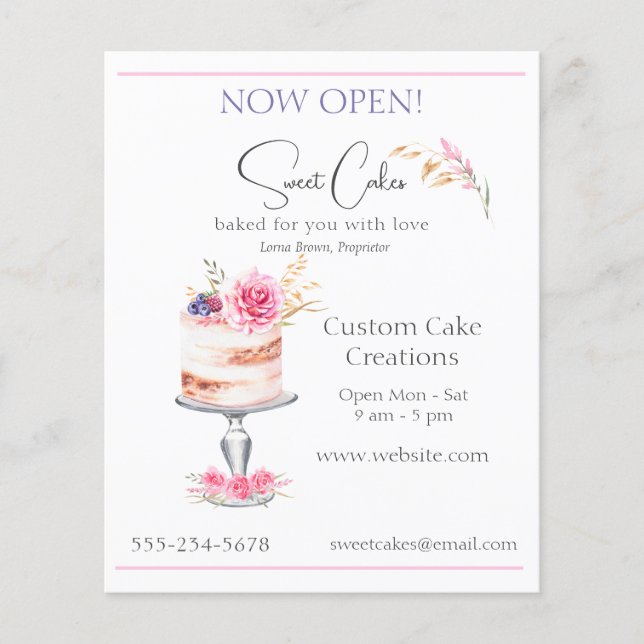 Bäckerei Elegante Watercolor Rosa Kuchen Flyer (Vorne)