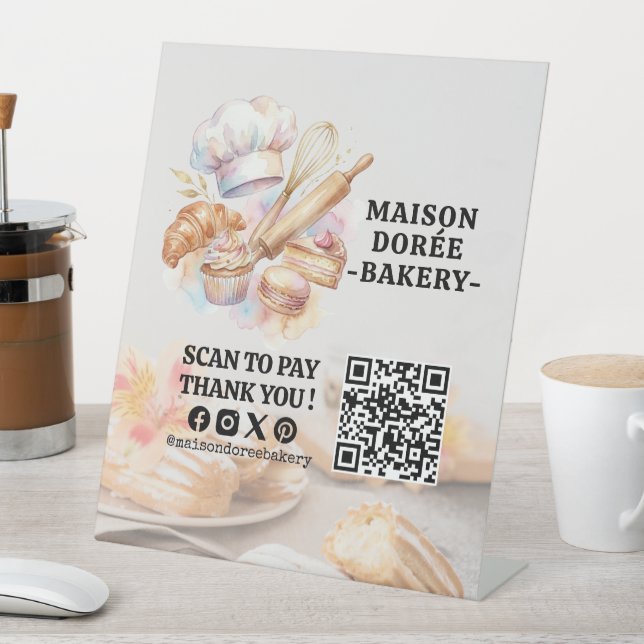 Bäckerei Geschäft Gebäck Kuchen Bäcker QR Code Hie Sockelschild (In Situ)