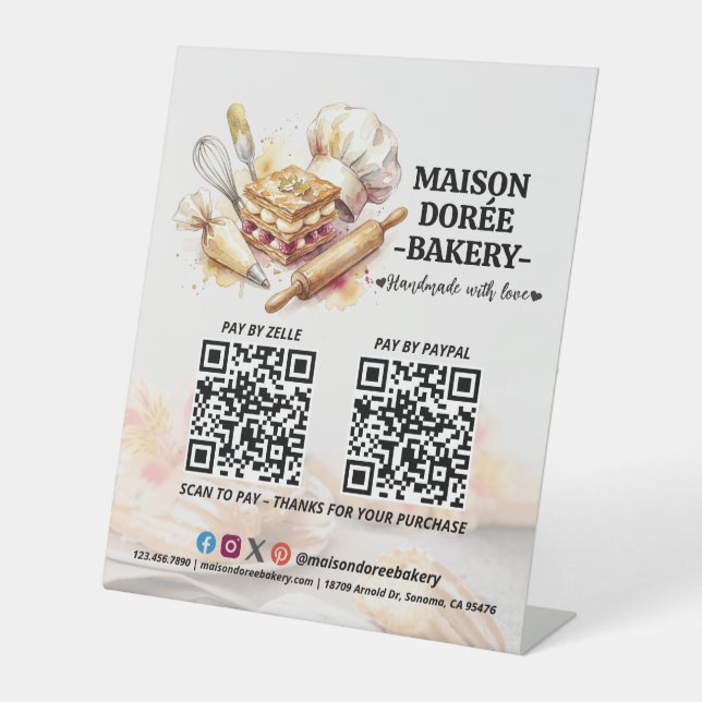 Bäckerei-Geschäft Gebäck Kuchen Bäcker QR-Code Hie Sockelschild (Vorderseite)