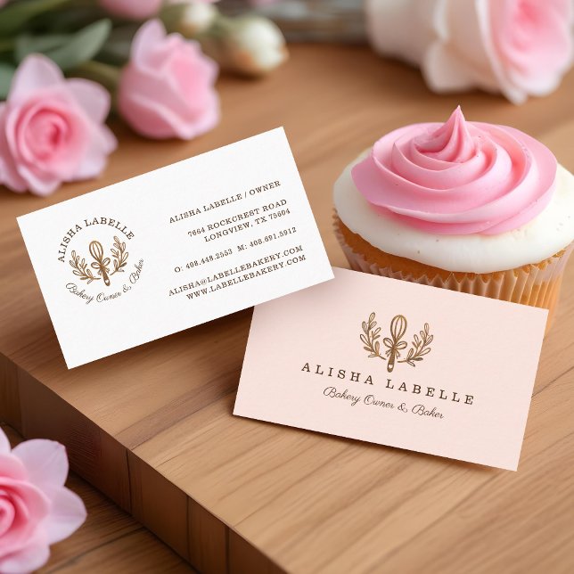 Bäckerei Holzpfeife und Blumenstrauß-Logo Visitenkarte (Bakery Wooden Whisk & Floral Leaf Wreath Logo Business Card)