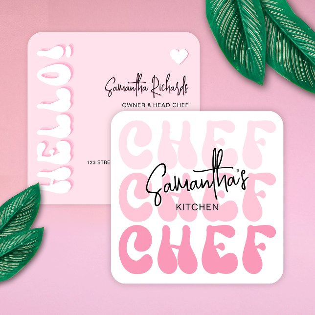 Bäckerei Koch Trendy Retro Pink Girl Catering Quadratische Visitenkarte (Catering business cards in girly pink colors with retro fonts and trendy layout)