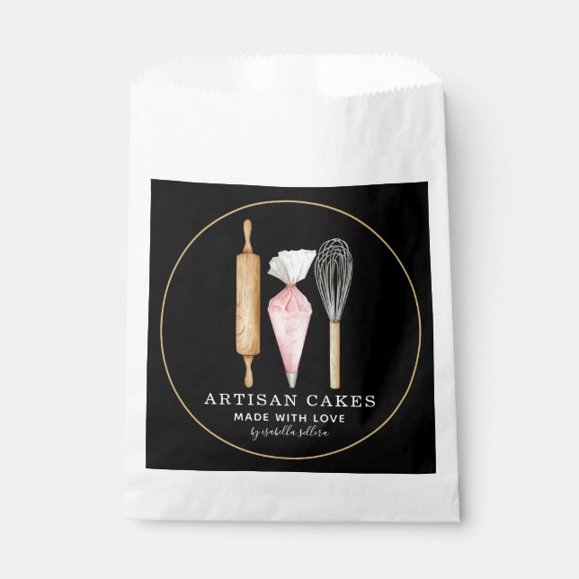 Bäckerei Konditor Backutensilien schwarze Favor-Ta Geschenktütchen (Vorderseite)