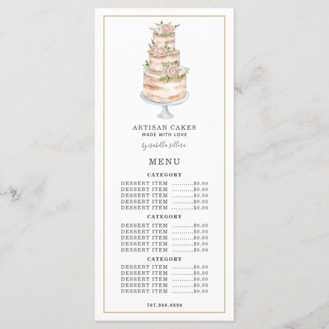 Bäckerei Konditorei Koch Aquarell Rosa Blumenkuche Menükarte (Vorderseite)