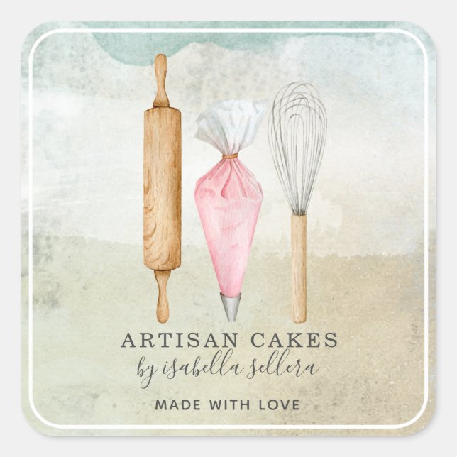 Bäckerei Konditorei Koch Aquarellfarben Backhilfsm Quadratischer Aufkleber (Vorderseite)