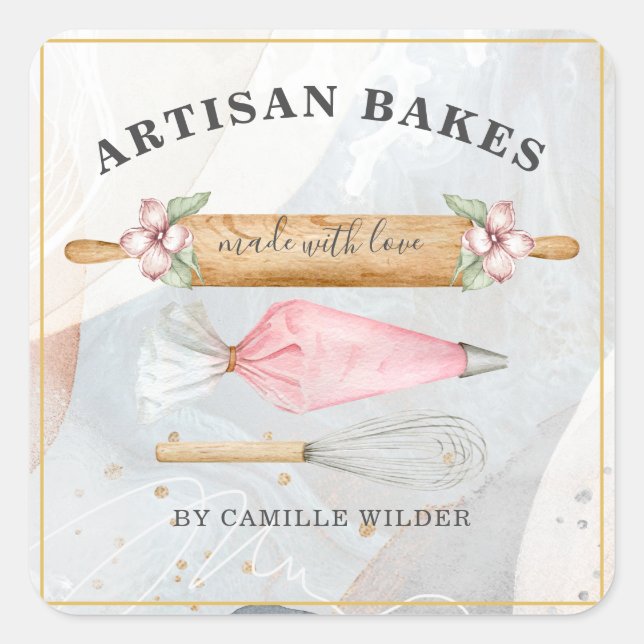 Bäckerei Konditorei Koch Bäcker Tools Business Squ Quadratischer Aufkleber (Vorderseite)