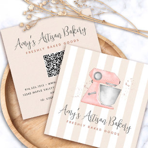 Bäckerei-Küche Pinker Mixer Beige Streifen QR-Code Quadratische Visitenkarte
