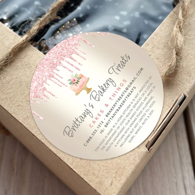 Bäckerei Kuchen Rosa Glitzer Tropfen Gold Legale Runder Aufkleber (Von Creator hochgeladen)