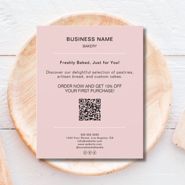 Bäckerei-Minimalist-Promotion-Rabatt-QR-Code Rosa Flyer (Bakery Minimalist Promotion Discount QR Code Pink Flyer)