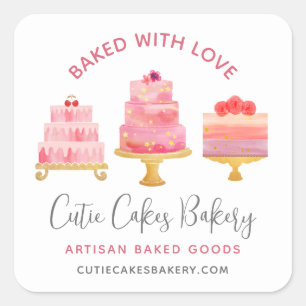 Bäckerei mit Liebe gebackene 3 Blush Pink Dessert- Quadratischer Aufkleber