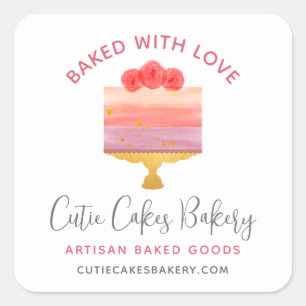 Bäckerei mit Liebe gebackener rosa lila Dessertkuc Quadratischer Aufkleber