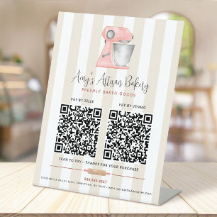 Bäckerei Pink Mixer 2 QR-Code Beige Streifen Hier Sockelschild