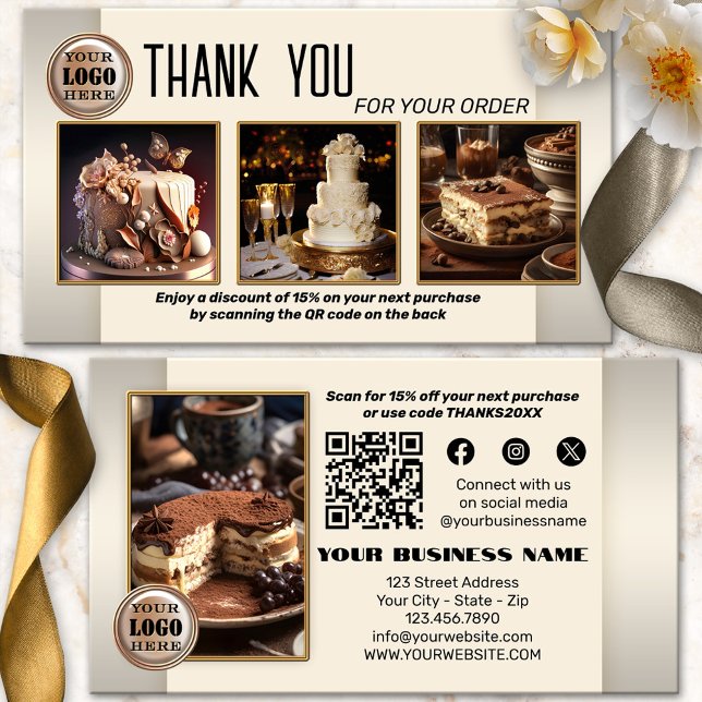 Bäckerei QR Code Foto Vielen Dank für Ihre Bestell Visitenkarte (Thank you for your order business card showing your photos, QR code and social media on silver grey)