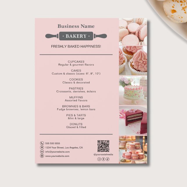 Bäckerei Rollen Button Foto QR Rosa Flyer (Bakery Rolling Pin Photo QR Pink Flyer)