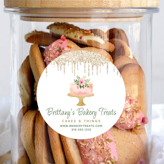 Bäckerei Rosa Kuchen Gold Glitzer Tropfen Nachtisc Runder Aufkleber (Von Creator hochgeladen)