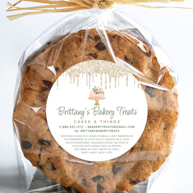 Bäckerei Rosa Pink Cake Gold Glitzer Tropfen Recht Runder Aufkleber (Von Creator hochgeladen)