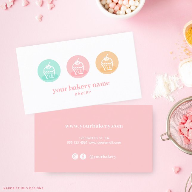 Bäckerei Sweet Cupcake Business Card Visitenkarte (Card shown in standard size with squared corners. Choose size and corner style. Packs of 50 cards.)