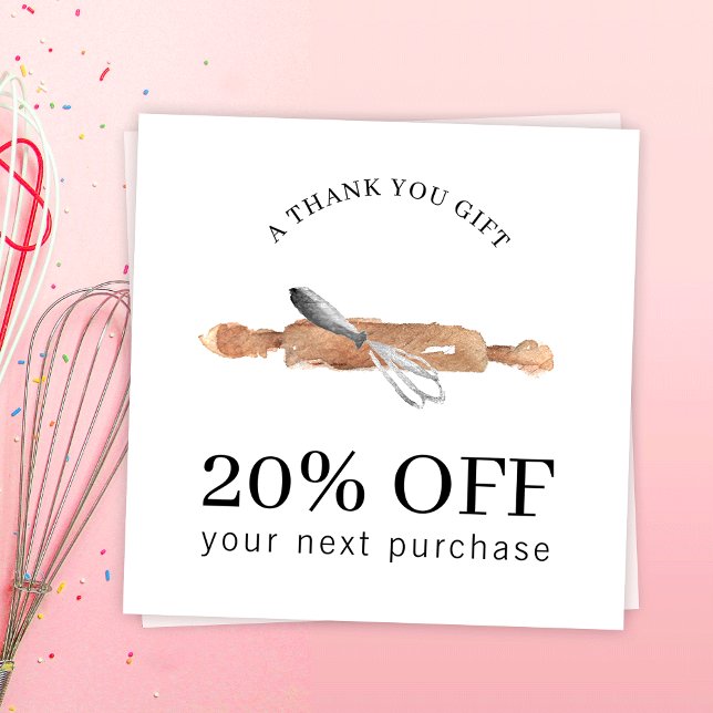 Bäckerei Utensids Whisk Koch Logo Catering Busines Rabattkarte (Modern bakery business discount cards with watercolor bakery art and fully editable text)