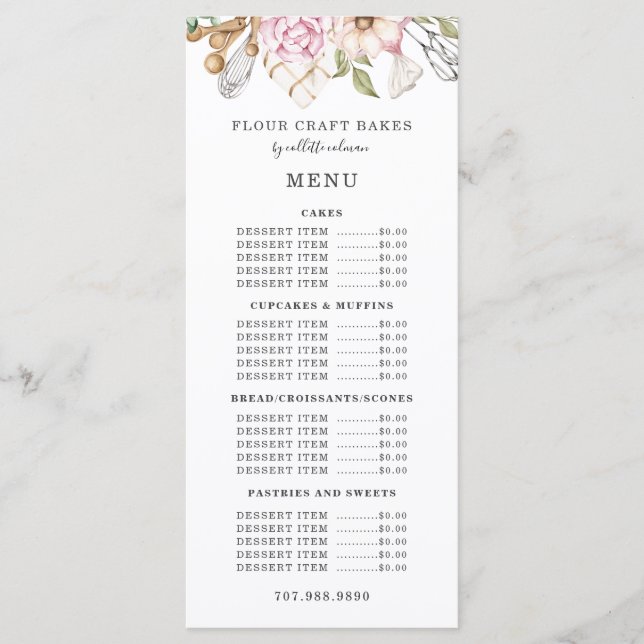 Bäckerei Wasserfarben Bäcker Werkzeuge Utensitäten Menükarte (Vorderseite)