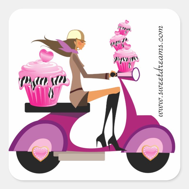 Bäckereiaufkleber Pink Cupcake Scooter Girl Zebra Quadratischer Aufkleber (Vorderseite)