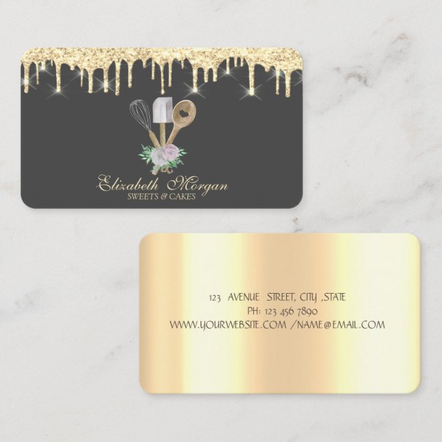 Bäckereihandwerkzeuge Gold Tropfen Blume Visitenkarte (Vorne/Hinten)