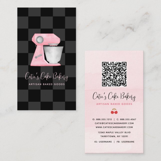 Bäckereimischer Rosé Schwarz Kariert QR-Code Visitenkarte (Vorne/Hinten)