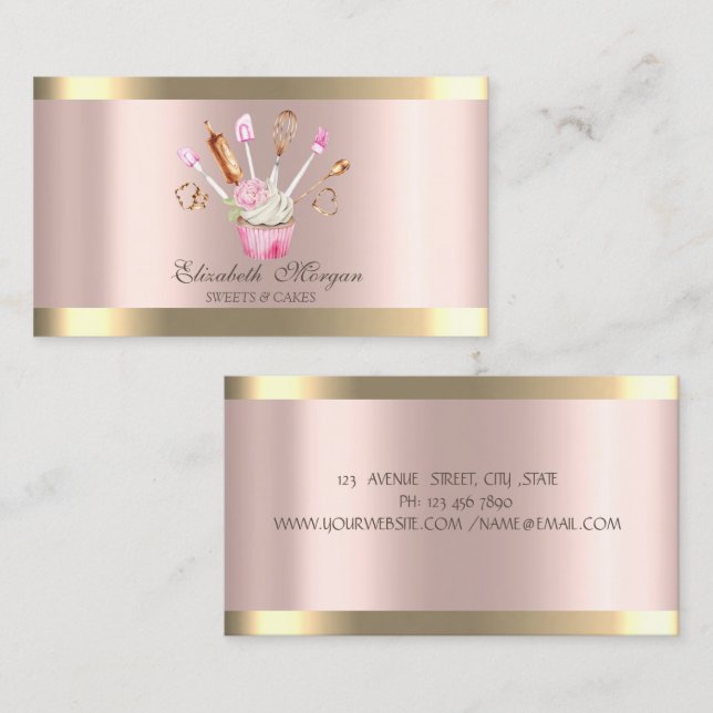 Bäckereiwerkzeuge Blume Cupcake Strip Rose Gold Visitenkarte (Vorne/Hinten)