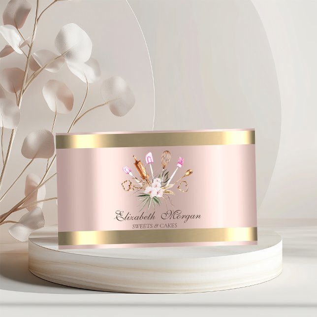 Bäckereiwerkzeuge Blume Gold Streifen Rose Gold Visitenkarte (Von Creator hochgeladen)