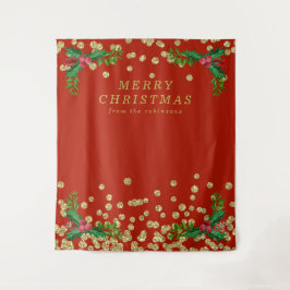 Background Gold Red Merry Christmas Holly Glitzer Wandteppich