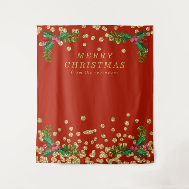 Background Gold Red Merry Christmas Holly Glitzer Wandteppich (Vorderseite)