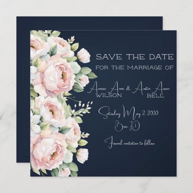 Background Wedding Pink Peonies Navy Save The Date (Vorne/Hinten)