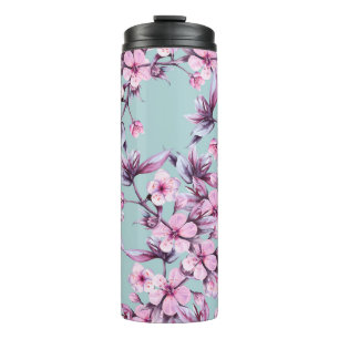 Background Zweig mit rosa Kirsche Blume. Seamle Thermosbecher