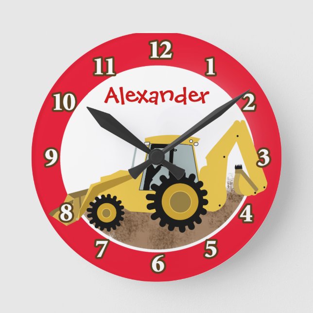 Backhoe-Uhr (rot) Fügen Sie einen Namen hinzu Runde Wanduhr (Vorderseite)