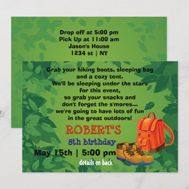 BackPack & Boots Camping Party Geburtstagseinladun Einladung (Vorne/Hinten)