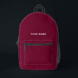 Backpack für Burgund-Individuelle Name Bedruckter Rucksack<br><div class="desc">Dieses coole Rucksack passt sich einfach an und fügt Ihren Namen oder Ihren eigenen Text hinzu. Ein cooles und modernes Design im dunkelburgundischen Kirschwein Marsala Rot und Weiß mit klarem Sans Serif Schriftart, für einen modernen, beruflichen und edgy Look, perfekt als Sondergeschenk für Unis Schüler, High School, Kinder. Der Rucksack...</div>