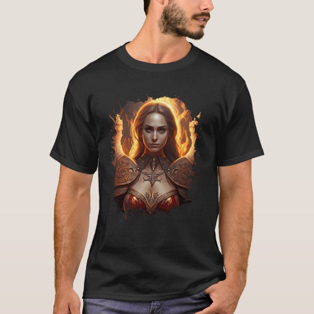 Backprint Female Angel of Fire with Flames of Hell T-Shirt (Vorderseite)