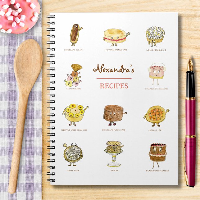 Backrezepte Niedlicher Kuchen Cartoon Art hinzufüg Notizblock (Baking recipe custom notebook with cute cake and dessert watercolor cartoon illustrations )