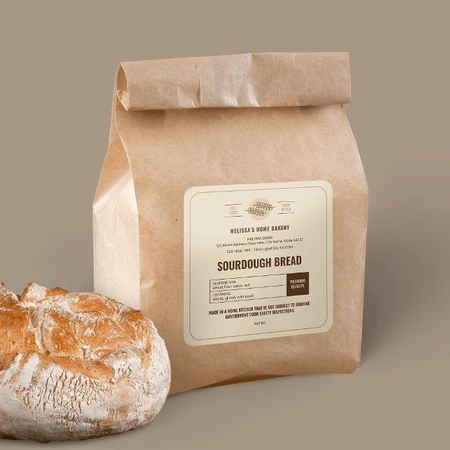 Backwaren für Backwaren Moderne Hütte Label Quadratischer Aufkleber (Neutral beige sourdough bakery cottage law stickers with space for ingredients and allergens)