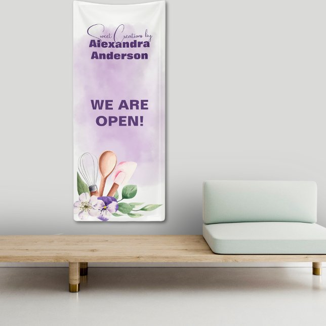 Backwerkzeuge Lila Blumenfarbe Banner (Pastry Baking Tools Purple Floral Watercolor Banner)