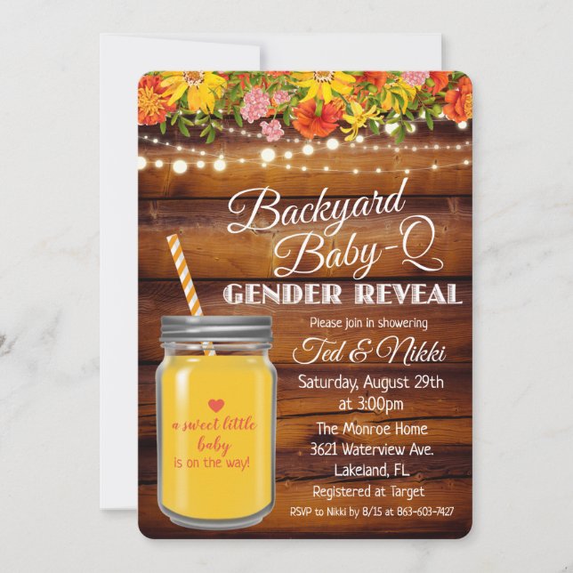 Backyard Baby Q Mason Jar Gender Offenlegung Einla Einladung (Vorderseite)