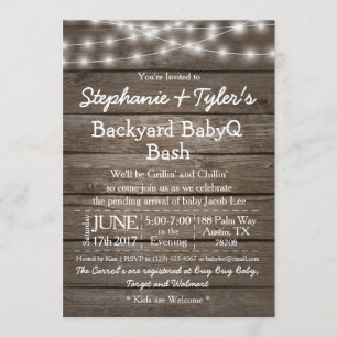 Backyard BabyQ Bash Lights Wood Rustic Baby Dusche Einladung