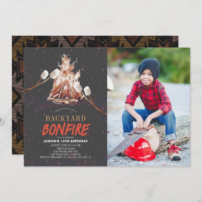 Backyard Bonfire Camping S'mores Birthday Foto Einladung (Vorne/Hinten)