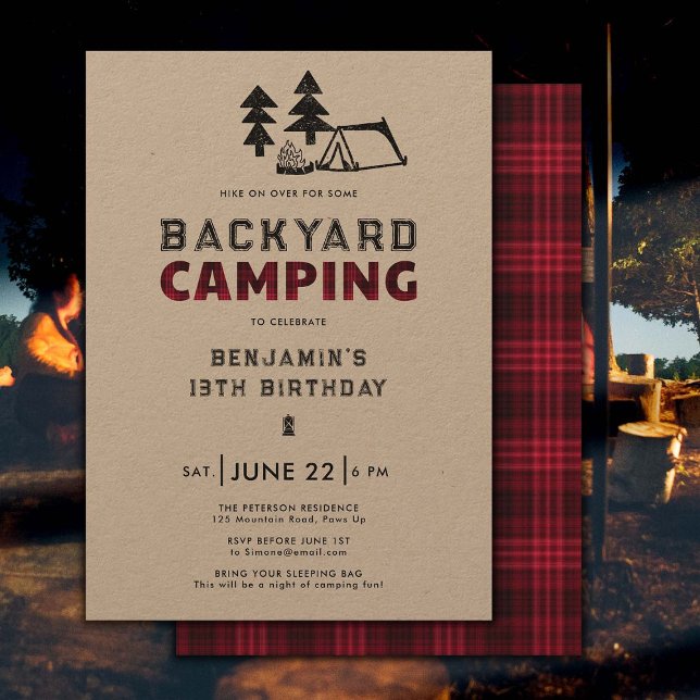 Backyard Camping Outdoor Red Kariert Boys Geburtst Einladung (backyard camping boys birthday party invitation outdoor adventure camp fire rustic red plaid)
